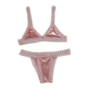 2024 Pink Crochet Handmade Triangle Bikini Set Women Black Velvet Bathing Suit Fashion Swimwear Boho Beachwear Green Swimsuit