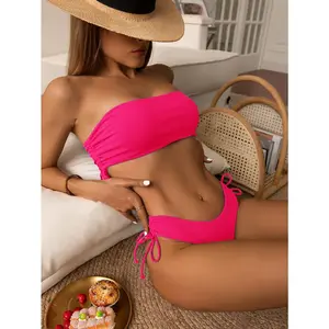 CHIKYS 2024 Women's Solid Color Split Tube Top Bikini