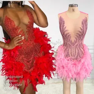 Luxurious Sparkly Diamond Mesh Mini Dress  with Feather Rhinestone red minidress party maxi