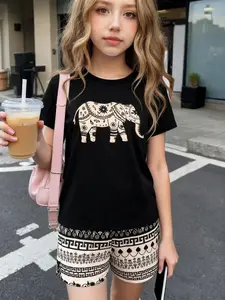 Girls' Casual Elephant Pattern Printed Set, Ethnic Style Shorts, Summer Wear, Fitted Suit, All Seasons, No Ca Prop 65