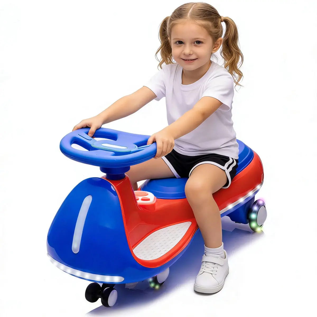 12V Battery-Powered Kids' 2-in-1 Smart Wiggle Car Ride-On Toy, Triangular Stability Frame, Wide Front Auxiliary Wheels, Controllable LED Lights, Flashing Polyurethane Wheels, 0.62-4.97 mph/1-8km/h Speed, 55W*2, Bluetooth Music, for 3-8 Years Old