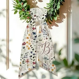 Personalized Floral Wreath Sash Door, Custom Initial Door Hanger, Botanical Spring Wreath Decor, Farmhouse Front Door Ribbon