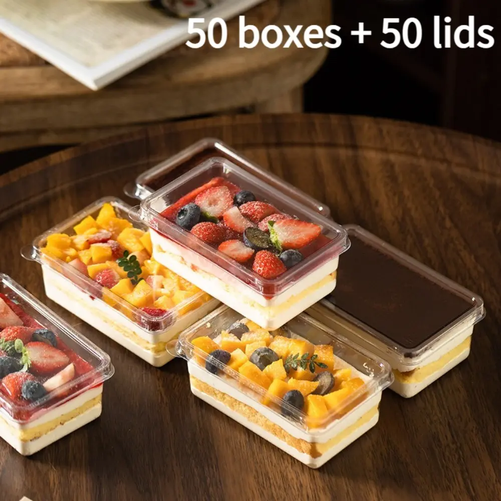 Clear Square Hinged Lid Cake Box (50 boxes + 50 lids) – Square PET Plastic Cake Box Bakeware Baking Accessories, Bakery Supplies, Cake Baking Supplies for Tiramisu, Mousse & Cupcakes | Perfect for Party, Wedding & Holiday Catering Trays