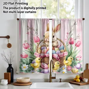 Easter Happy Kitchen Short Curtains, Half-Transparent Polyester Fiber, Cute Bunny Egg Decor, Farmhouse Style, All Seasons Use