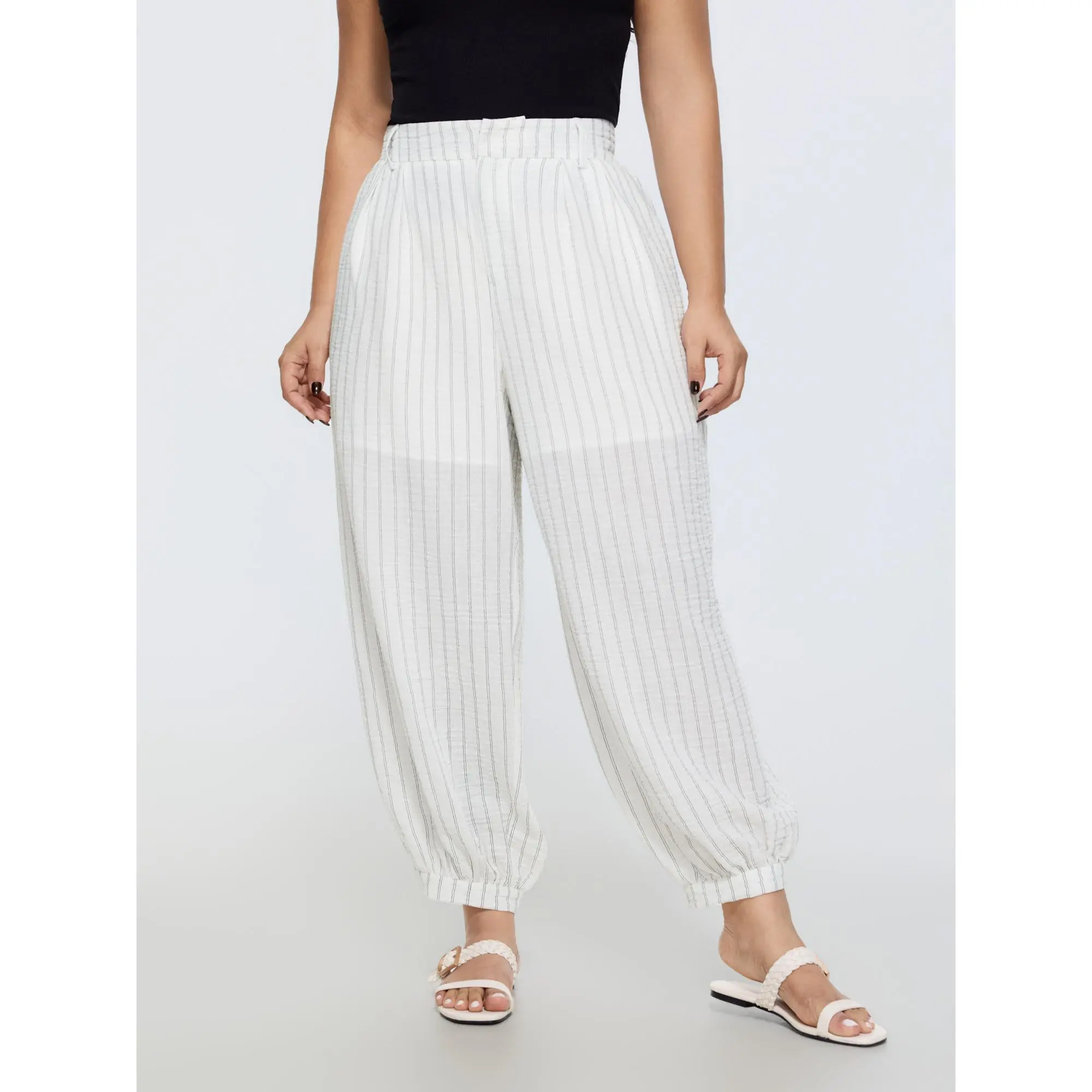 BloomChic Women's Plus Size Sheer Striped Jogger Pants, Casual Mid-Rise Lined Polyester Summer Trousers with Pockets, Jogging Pants