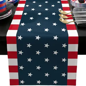 1Pcs Independence Day Themed Table Runner – Various Sizes, Perfect for Dresser Decor | Horizontal Striped Linen Fabric with Large Flag Pattern | Rectangular Kitchen & Dining Table Decor, Great for Independence Day Parties & Year-Round Use