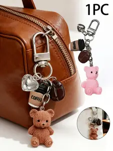 Cute Coffee Teddy Bear Keychain Bag Charm, Includes Knitted Teddy Bear, Mini Coffee Cup, Coffee Bean, Heart Pendant, Resin Material