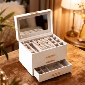 Jewelry Box Organizer 3-Layer Storage With 3 Drawers Shiny Metal Hardware Glass Lid Modern Display Deluxe Clear Top View White & Pink Velvet Case For Earrings Necklaces Gift Girls Women Fashion Accessories Jewelry Makeup Set