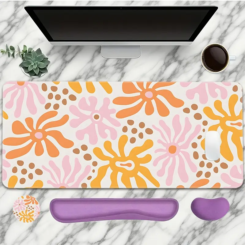 Floral Pattern Mouse Pad With Wrist Rest Set 4PC Large Gaming Mouse Pads Irregular Floral Style Mouse Pad For Desk XXL Non-Slip Rubber Base Desk Pad Keyboard Mat For Office Home Desktop Protector Decor Mousepad Desk Mat Mousepads Aesthetic Ideal