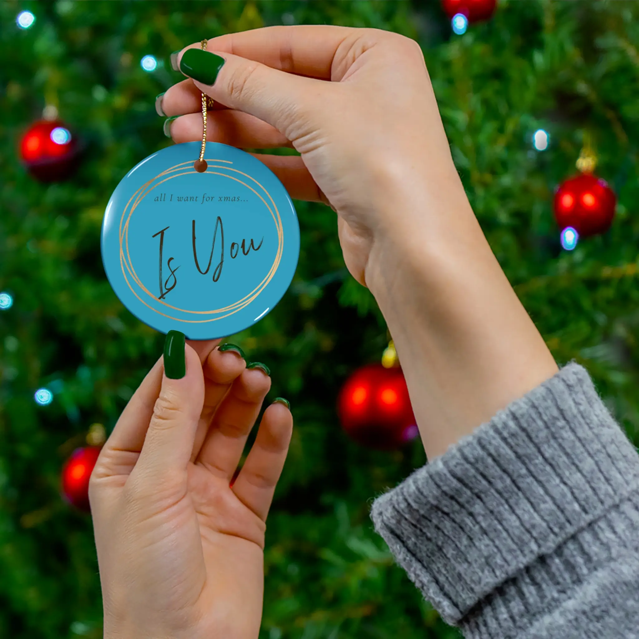 Turquoise Christmas Couple Ceramic Ornament