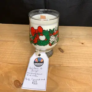 8 oz Hand-Poured Coconut/Soy Wood-wick Candle: “Golden & Bright”- Marshmallow Fireside