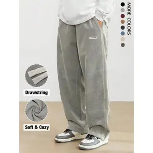 Men’s loose straight-leg corduroy pants with letter patches, drawstring waist, and pockets; unisex casual corduroy trousers for daily wear; loungewear suitable for National Day; casual loose-fit fashion men’s bottoms for all seasons.
