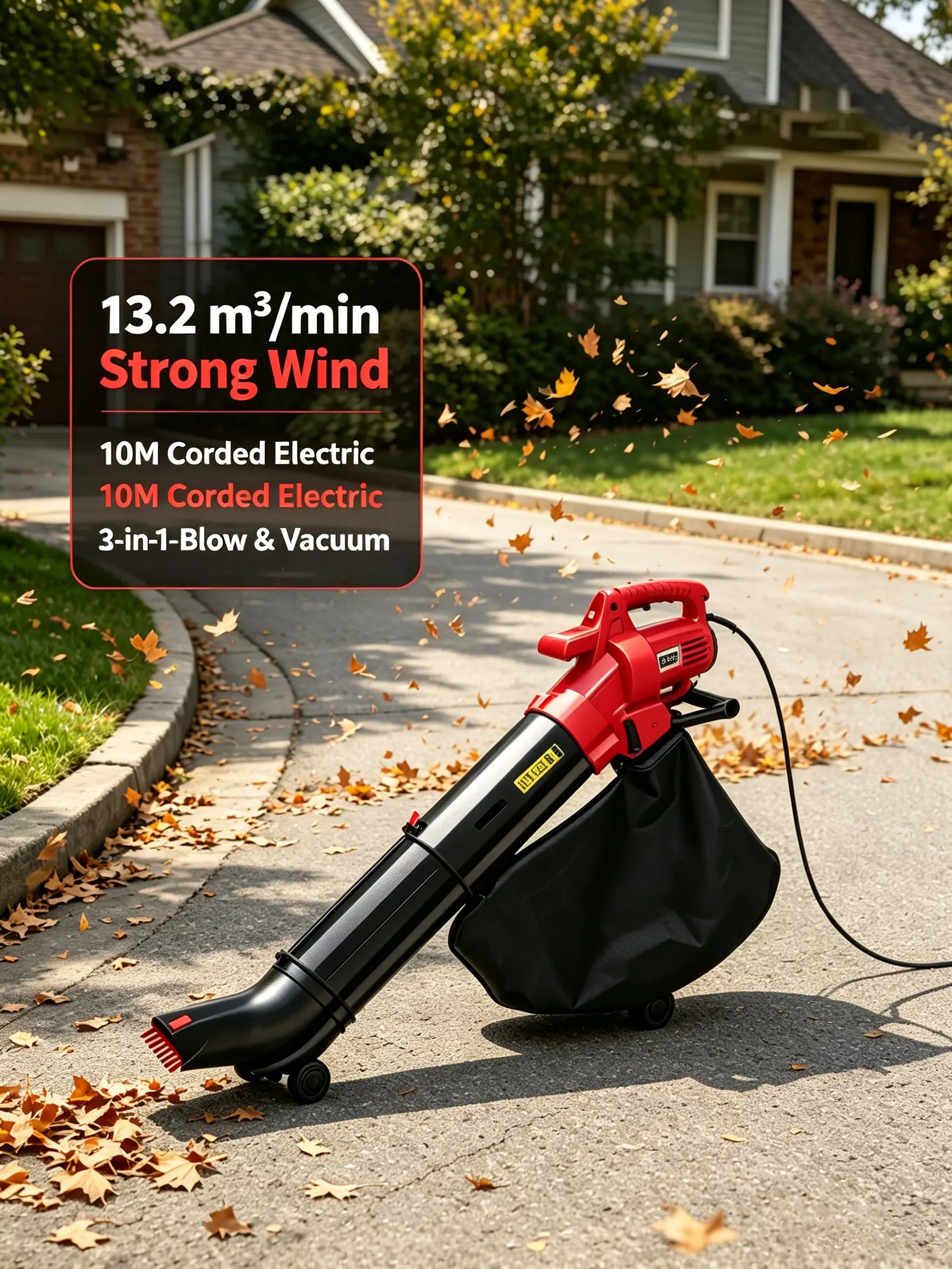 3-in-1 Electric Leaf Blower Vacuum With Scraper , 10M(32.8FT)Corded,  Blows, vacuums,  leaves with 460 CFM airflow and 40L bag for gardens, yards, and walkways.