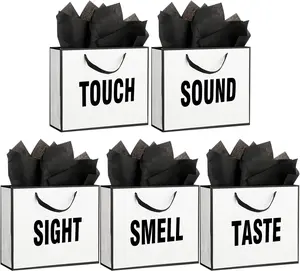 5 Senses  Bags for Him Her Five Senses  Bag with Ribbon Handles and Tissue Paper Present Wrappings for Valentine Wedding Birthday Mothers Day (Black White,11.8 x 10 x 4 Inch)