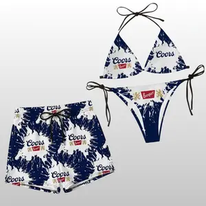 Blue White Coors Light American Flag Drinking Triangle Bikini Set + Short Men - Retro Swim Bra & Tie Side Swim Thong, Bathing Suits