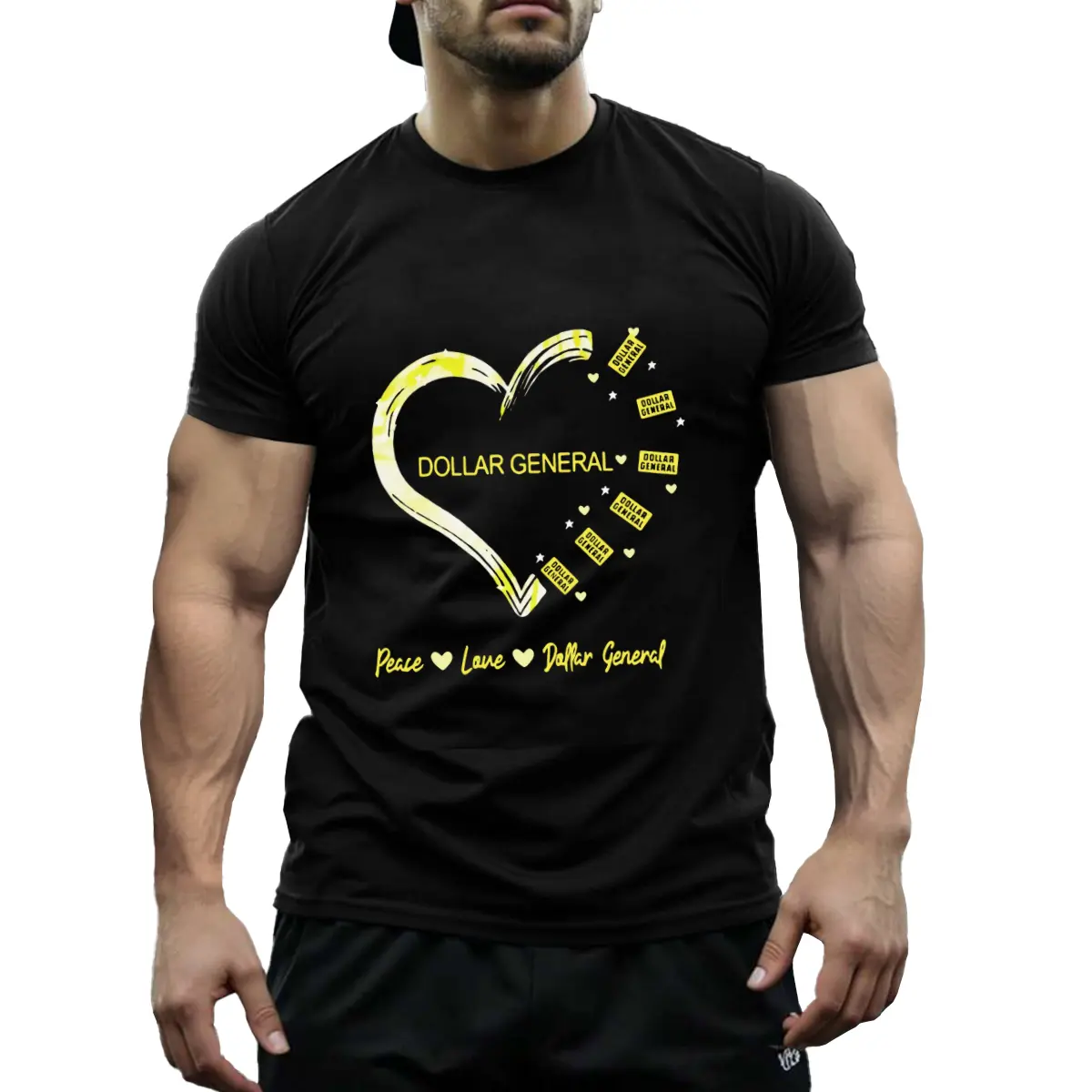 Peace Love Dollar General Heart Graphic T-Shirt |   100% Cotton Casual Crew Neck Tee |   Regular Fit All-Season Knit Top with Slight Stretch |   Adult Unisex Print Shirt