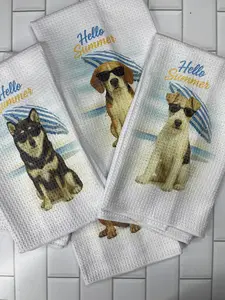 Summer Theme Dog Kitchen Towel Adorable Pups Design for Beach-Inspired Coastal Décor & Everyday Use High-Quality Waffle Weave Dish Towel for Drying Dishes Hands or Paws