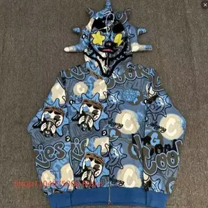 Full Zip Hooded Jacket Dark Graphic Print Long Sleeve Streetwear Coat