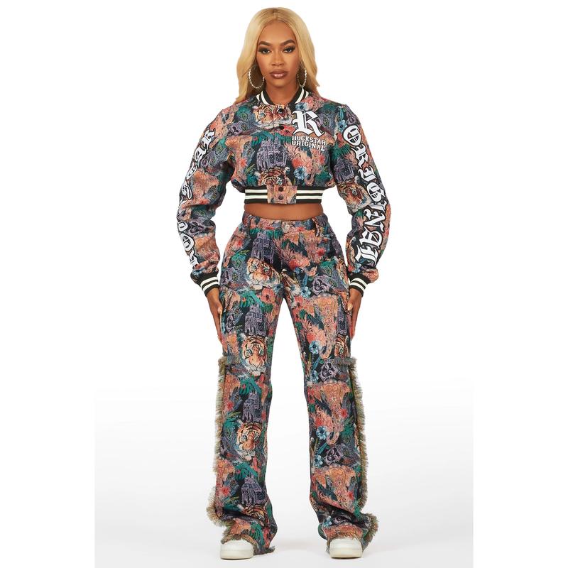 Rena Black Crop Tapestry Varsity Jacket