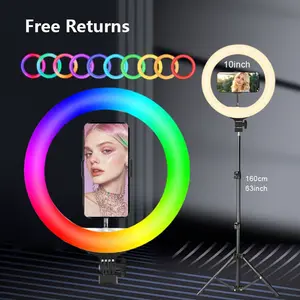 10-Inch LED Selfie Ring Light with 63 inch/1.6m Tripod Stand & Flexible Phone Holder, 38 Color Modes Vdieo Light, USB Powered, Adjustable Brightness, Perfect Gift for Photographers circle light#SummerWins#FathersDayGift
