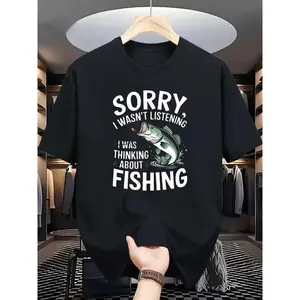 Men's "Sorry I Wasn't Listening I Was Thinking About Fishing" Funny Bass Fish Graphic T-Shirt Crew Neck Short Sleeve Black Casual Tee TikTok Viral