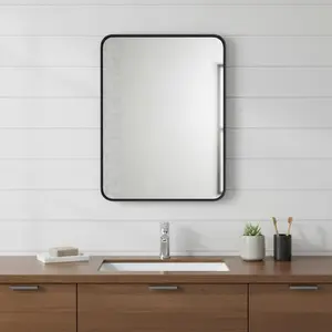 360 stand Modern Black Metal Floating Framed Bathroom Vanity Mirror, 35 in. (Model 636265), Modern Mirror