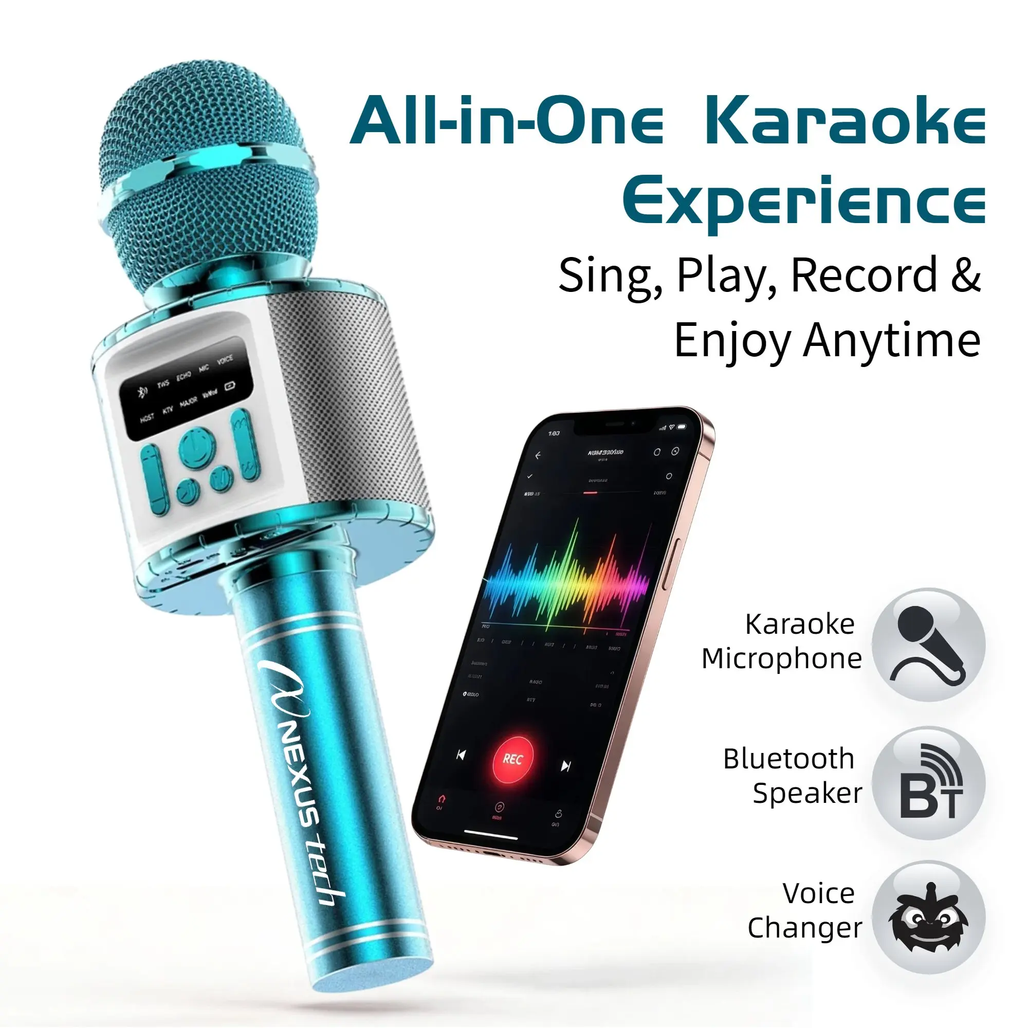 Nexus Tech Q9 Pro Portable Karaoke Microphone with Speaker & Voice Changer, 5 Fun Voice Effects, HD Display, Wireless Bluetooth Mic for Friends, Couples, Home Singing, Duets & Party Fun, Blue