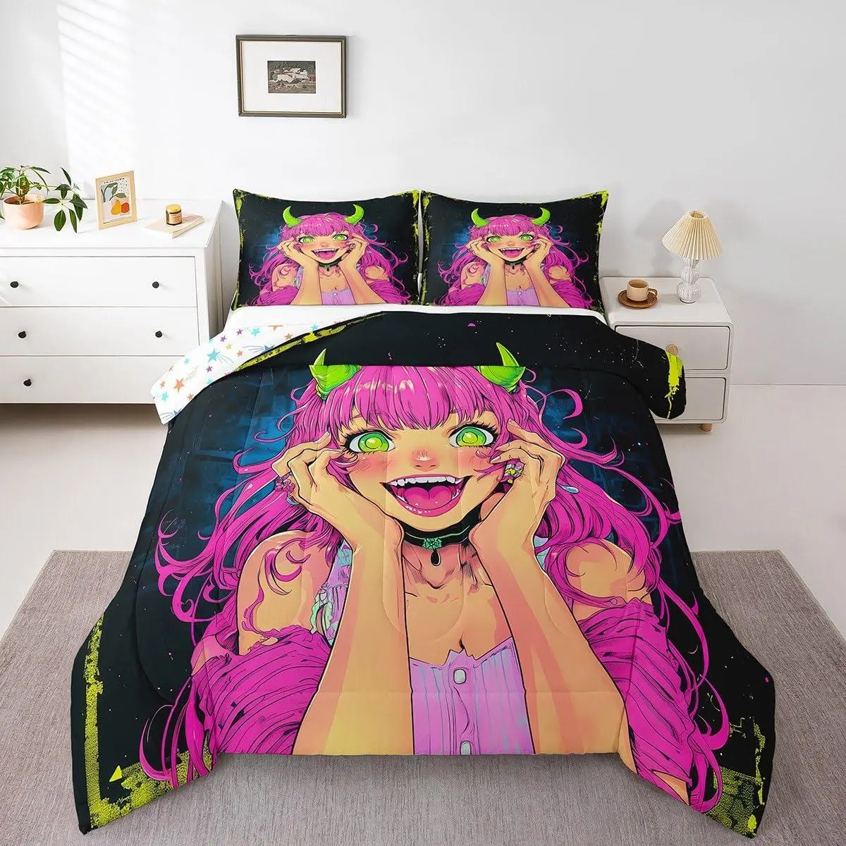 Anime Girl Comforter Set,Japanese Anime Bedding Set for Kids Boys Teens Bedroom Decor,Cartoon Girl Quilt Kawaii Japanese Animation Duvet Insert with