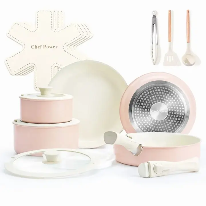Ceramic Nonstick 19-Piece Cookware Set | Light Pink,home essentials