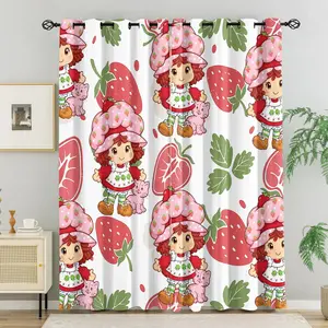 Strawberry Shortcake Cartoon Theme Curtains, Cute Cartoon Character with Big Strawberry & Custard Cat Print, Sweet Pink Theme Window Curtains for Bedroom Bathroom Decoration, Perfect Gift for Cartoon Lovers Bedroom Decor