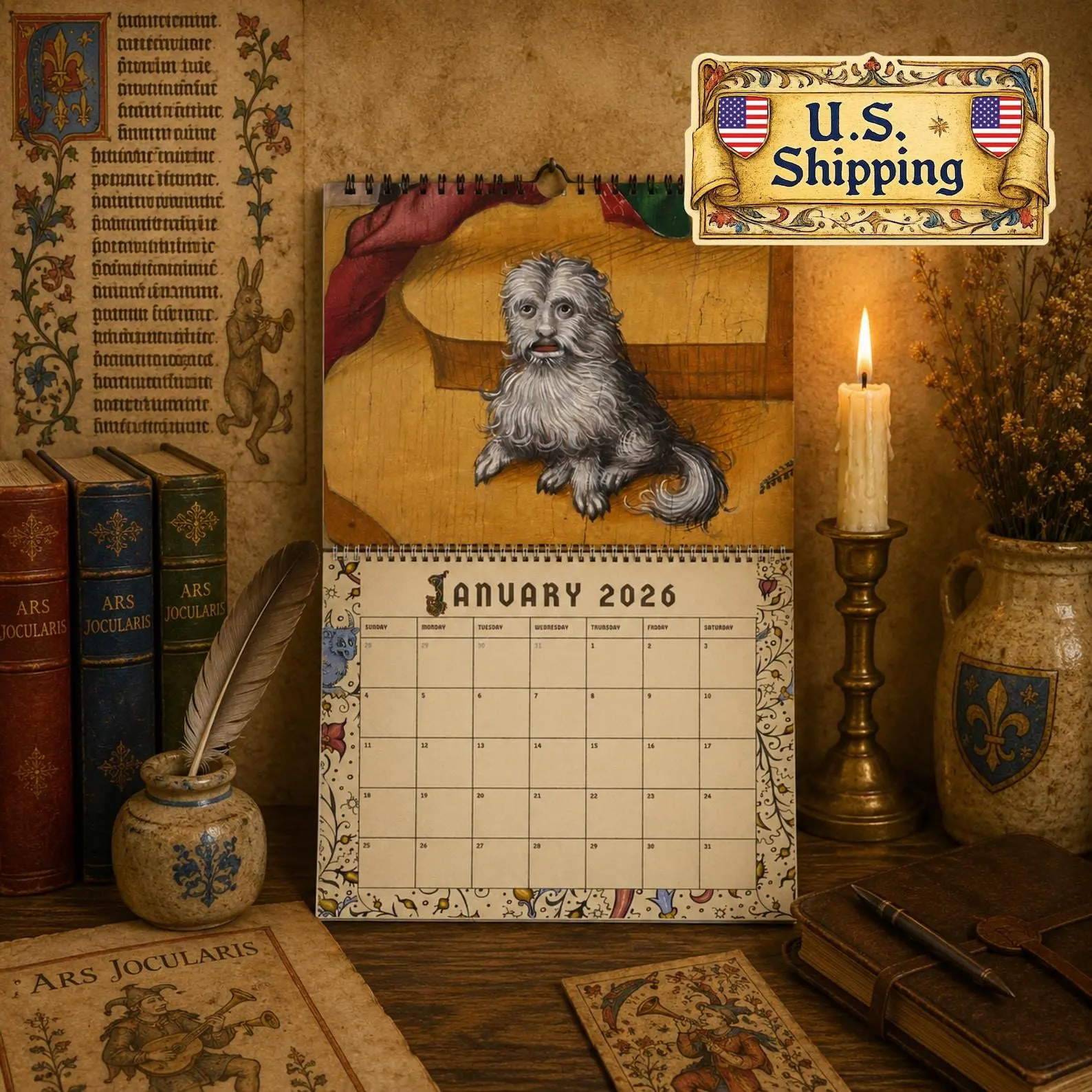 Medieval Dogs Calendar 2027 | Funny Gothic Dog Art | Medieval Manuscript Animals | Dark Academia Gift