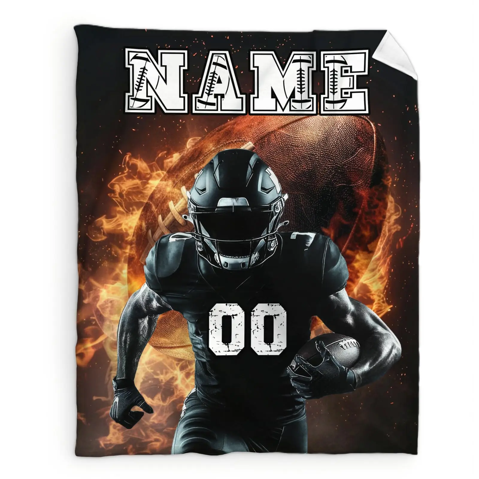 Custom Name Flannel American Football Themed Sports Blanket - 50x40in All-Season Black Gift Item, American Football Themed Blanket