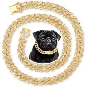 Stainless Steel Cuban Dog Chain Collar with Safety Buckle and Leash, Designed for Large Dogs Including American Bulldogs