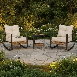 LAUSAINT HOME Modern 3-Piece Oversize Rattan & Metal Rocking Bistro Set, Outdoor Patio Furniture with 2 Seats, Thick Cushions, Load-Bearing 2-Tier Tree Core Top Coffee Table, for Garden, Balcony, Two Seats summerwins