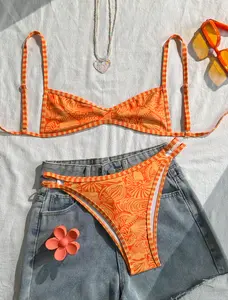 Women's Spaghetti Strap Orange Floral Print Sexy Beach Vacation Swimwear Set Coachella Holiday Summer