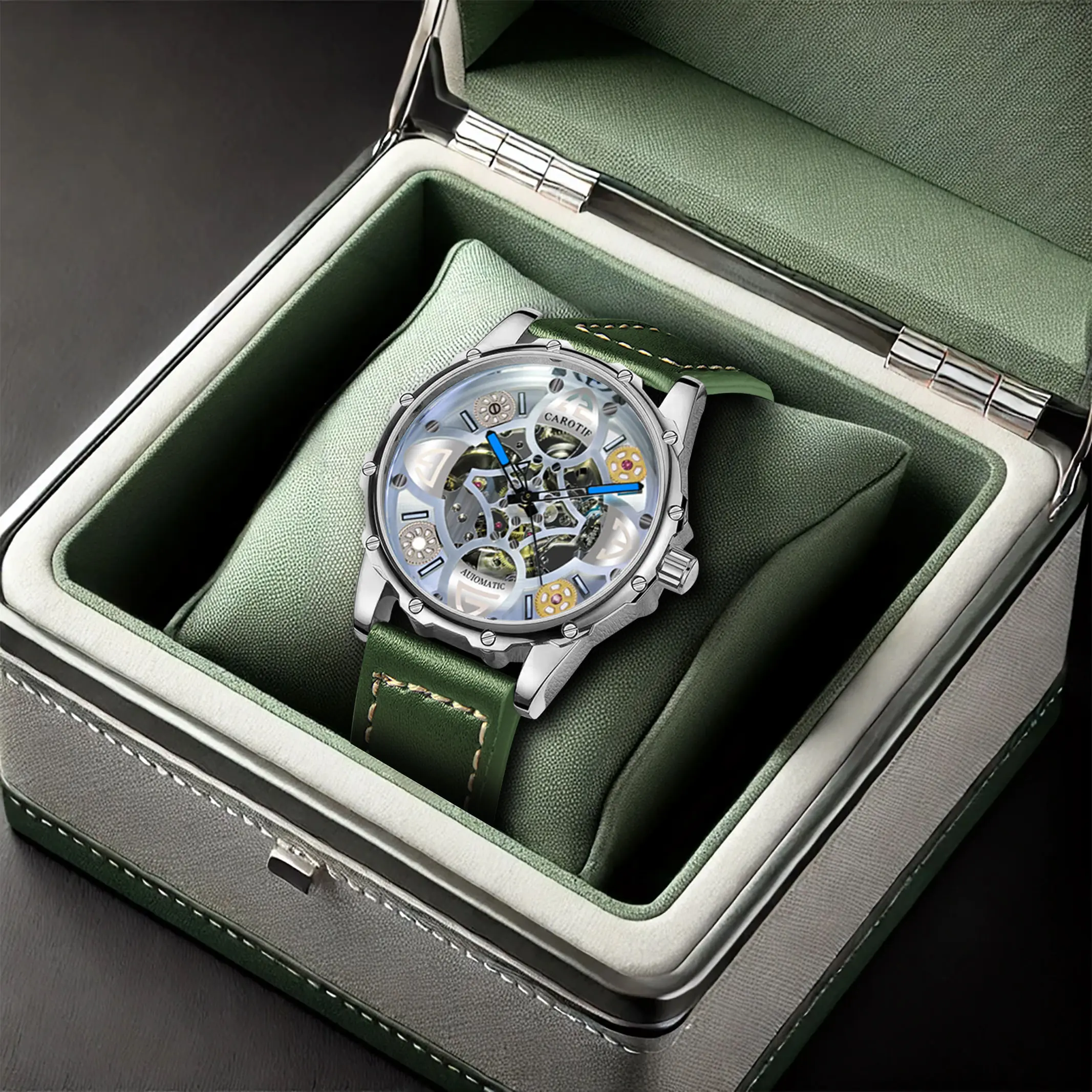 New Lucky Four-Leaf Clover Fashion Men's Hollow Mechanical Watch Green Leather Strap Watch