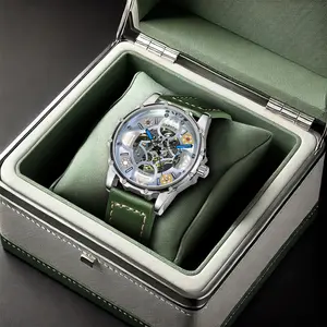 New Lucky Four-Leaf Clover Fashion Men's Hollow Mechanical Watch Green Leather Strap Watch