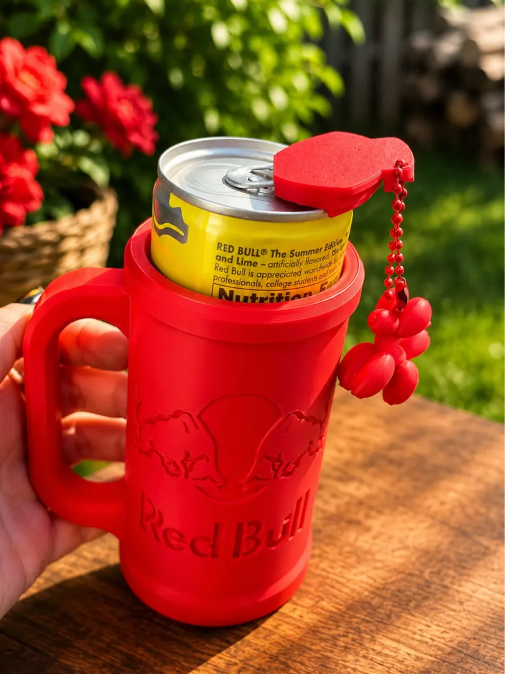 Red B 8.4oz Slim Can Holder with Handle - 3D Printed Mini Cooler Style