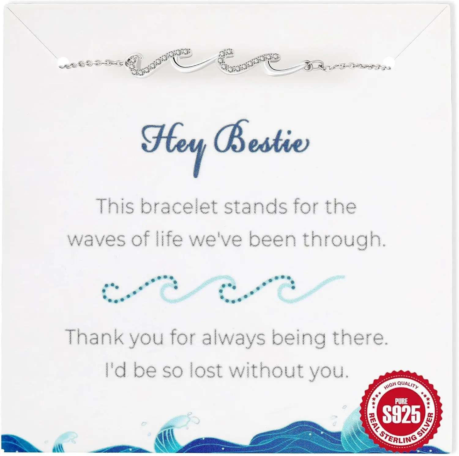 Silver Bracelets for Women, 925 Sterling Silver Wave Bracelets for Mom Bestie Sister Best Friends Gifts, Dainty Bracelet Jewelry for Daughter Graduation Birthday Friendship Gifts
