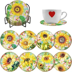 8 pieces/set of diamond painted coaster set with flower pattern coaster (with holder) - DIY diamond art craft kit for home decoration beginners, diamond craft supplies, artificial diamond art craft supplies gifts