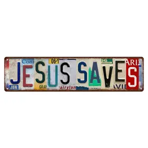 16×4 Inch Jesus Saves Vintage Metal Sign, Retro License Plate Style Christian Aluminum Wall Decor, Pre-drilled Religious Wall Art for Home Garage