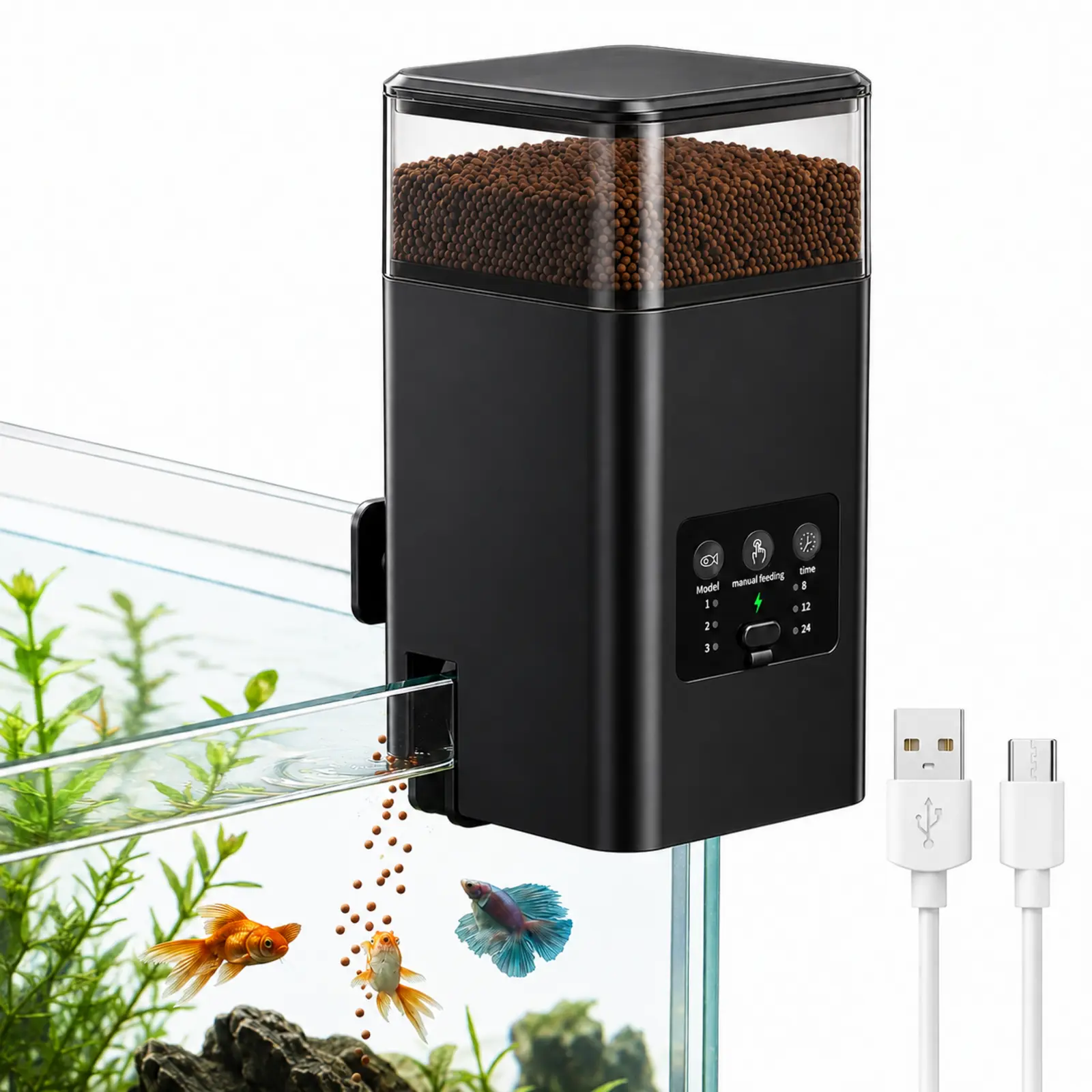 Automatic Fish Feeder for Rimless Aquarium, 350ml USB Rechargeable Fish Food Dispenser with 3 Feeding Timers, Adjustable Portions, for Flakes, Pellets & Granules, Freshwater & Saltwater Tanks