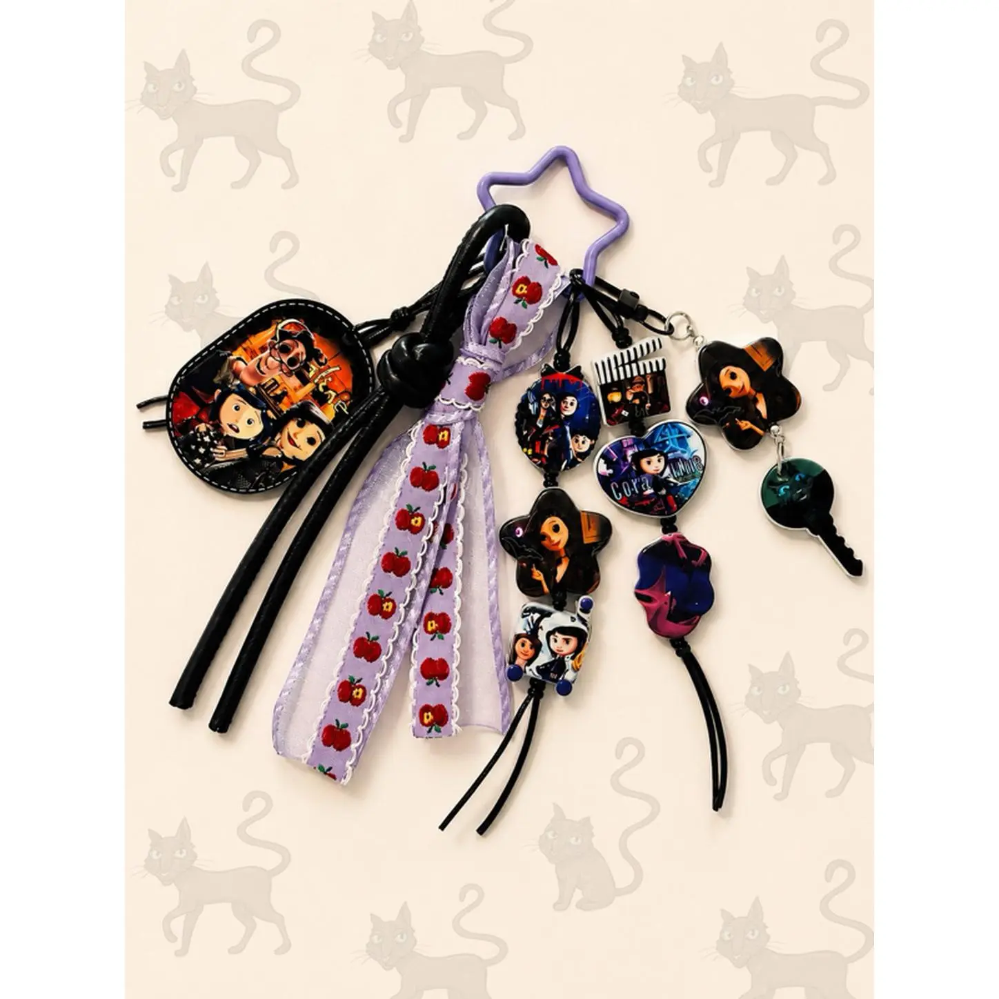 Coraline-Themed Keychain with Purple Black and Red Accents Adorable Ribbon for Keys Purse Backpack or Collection