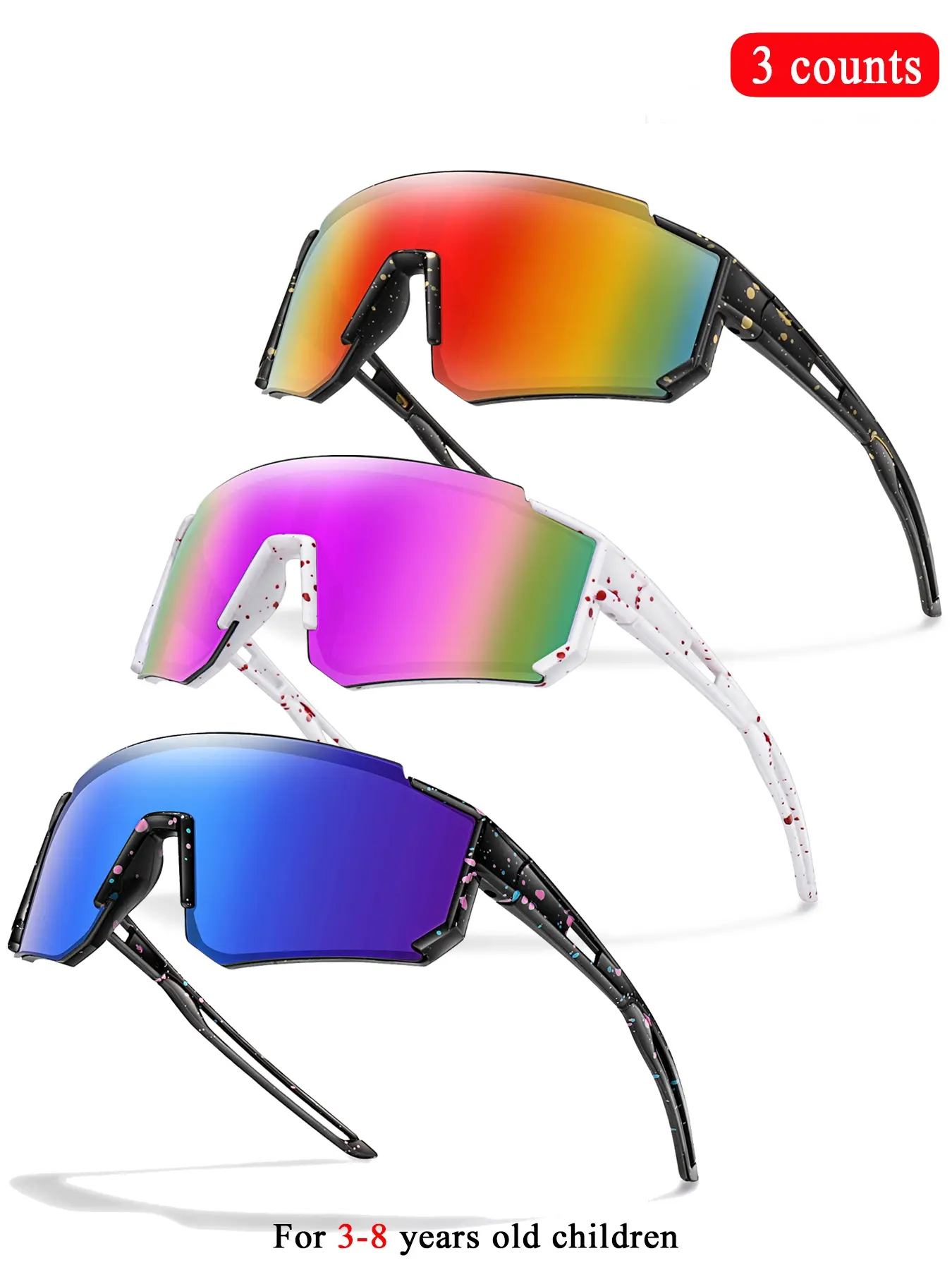3 Piece Set Kids Fashionable Large Frame Summer Sports Sunglasses Eyewear For 3-8 Years Old, Windproof Polka Dot Frames, Uv400 Coated Lenses, Unisex Outdoor Activities
