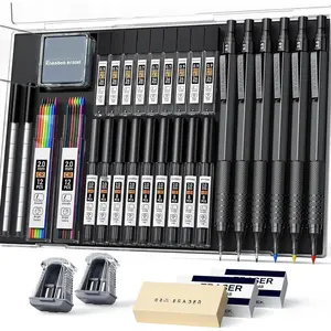 35 count Black Art Mechanical Pencil Set in Case,0.5 0.7 0.9 2.0 Graphite Metal Drawing Drafting Pencils, Sharpener Erasers 384 count Lead Refills (6B 4B 2B HB 2H 4H Colors) for Writing Sketching
