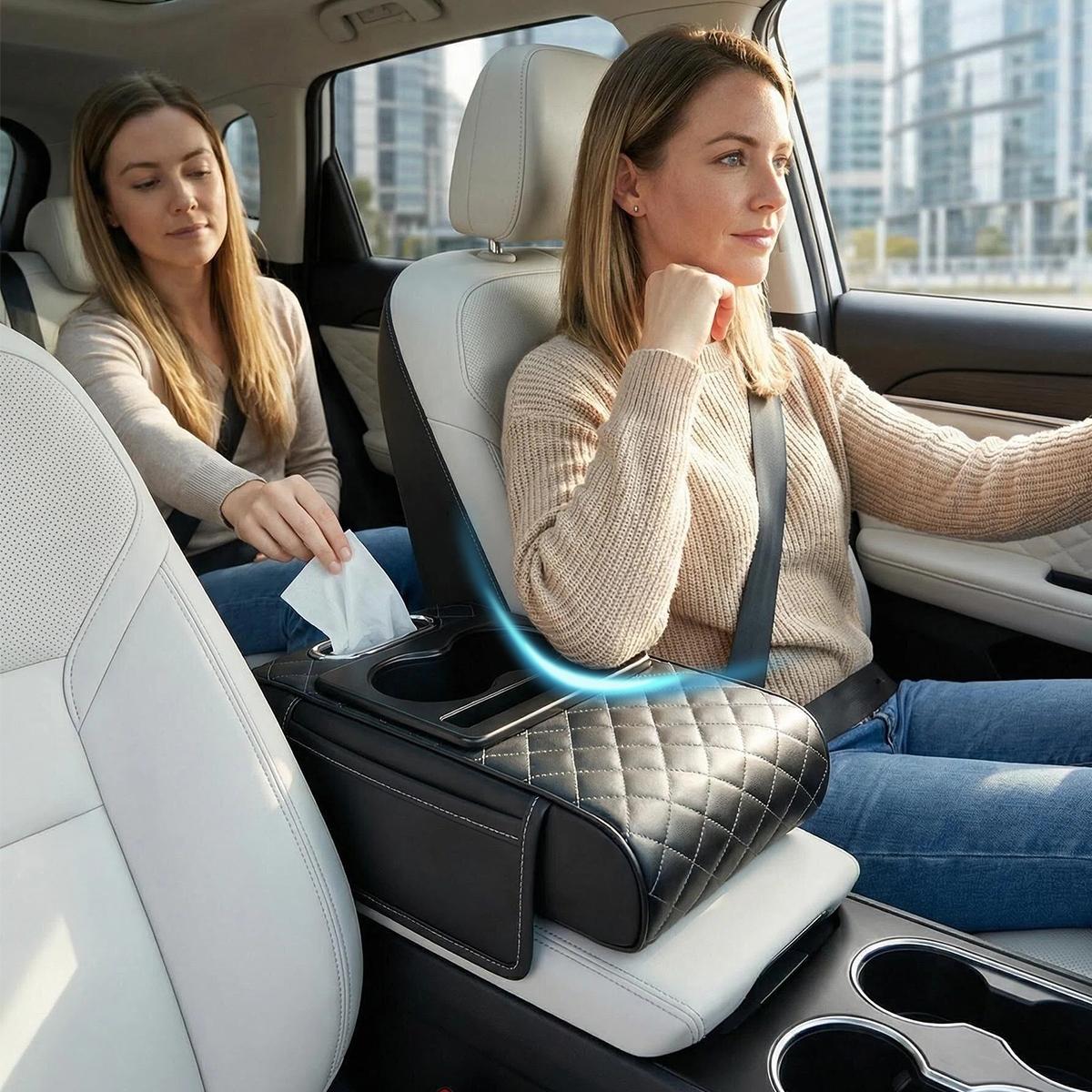 Multifunctional Car Armrest Cushion with Integrated Booster,2026 Upgraded Universal Style Memory Cotton Car Armrest Box Pad,Car Center Console Armrest Pillow with 2 Cup Holder,Phone Storage and Ergonomic Design for All Seasons,Car Interior Organizer