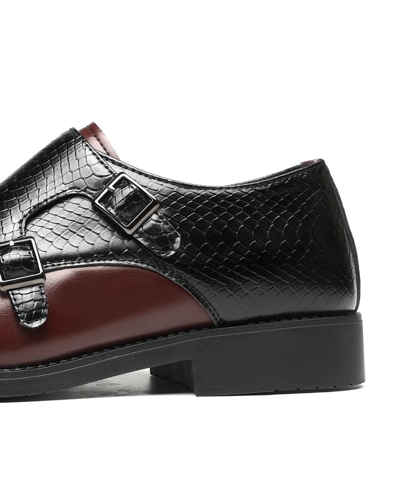 Men's Two-Tone Double Monk Strap Dress Shoes, Black & Burgundy Croc-Embossed Formal Leather Shoes97856