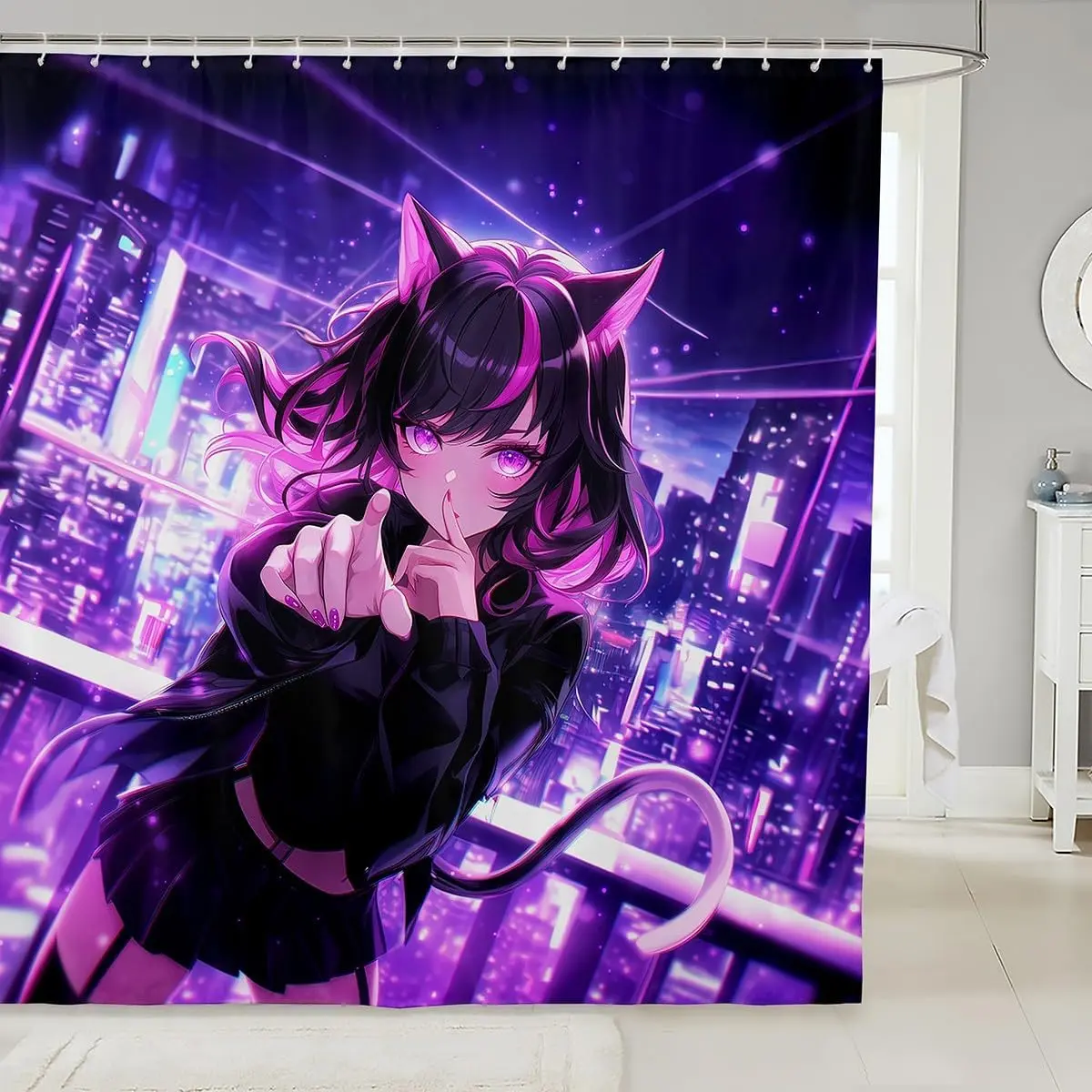 Anime Shower Curtain,Japanese Anime Fabric Shower Curtain,Cartoon Bathroom Accessories,Kawaii Japanese Animation Waterproof Decor