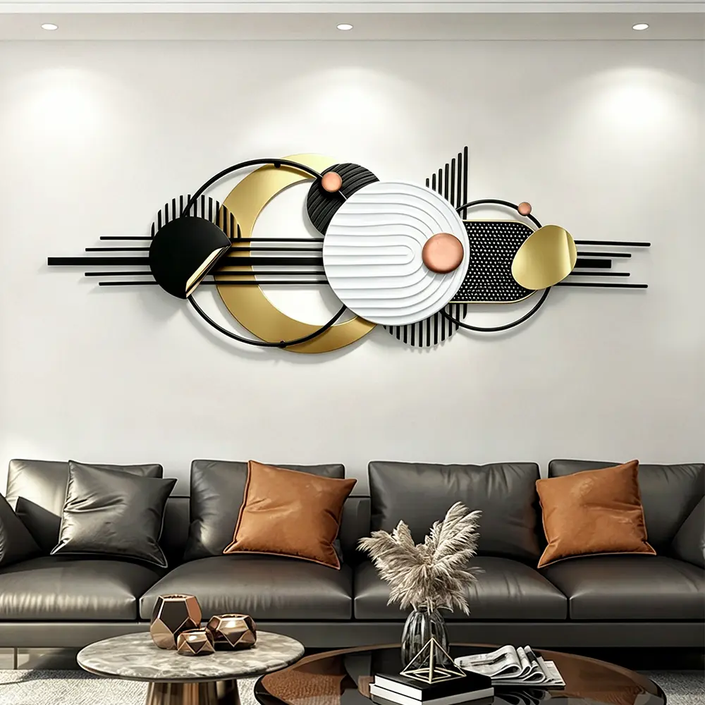 59In Large Abstract Metal Wall Art Decor, Modern Geometric Wall Sculptures, Black And White Golden Wall Sculptures, Circles Metal Wall Decor for Living Room Bedroom Bathroom Study Modern Wall Decor, Home Hanging