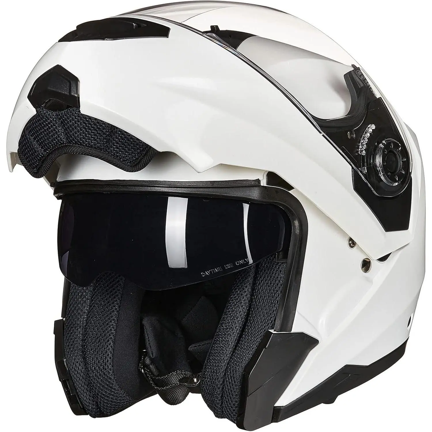 DP998 DOT Safety Standards Certified Flip-Up Full-Face Adult Motorcycle Helmet (55 to 61 cm, White, Medium) - Sun Visor, Sun Protection, Replaceable Inner Liner, Chin Vent, Glove-Ready Design, Streamlined Shape, Large Vents, Breath Guard, All Seasons